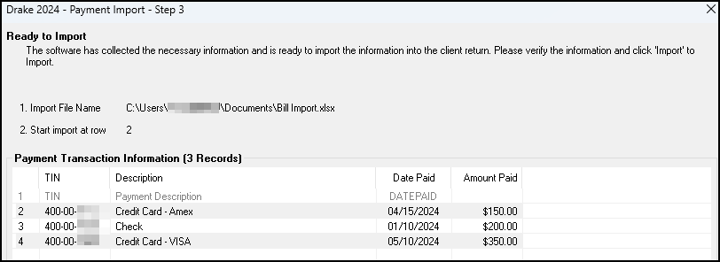 Image of Step 3 in the Payment Import process